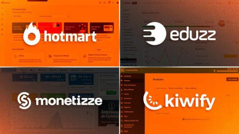 Imagem mostra montagem com os logotipos das maiores plataformas digitais da atualidade: Hotmart, Eduzz, Monetizze e Kiwify