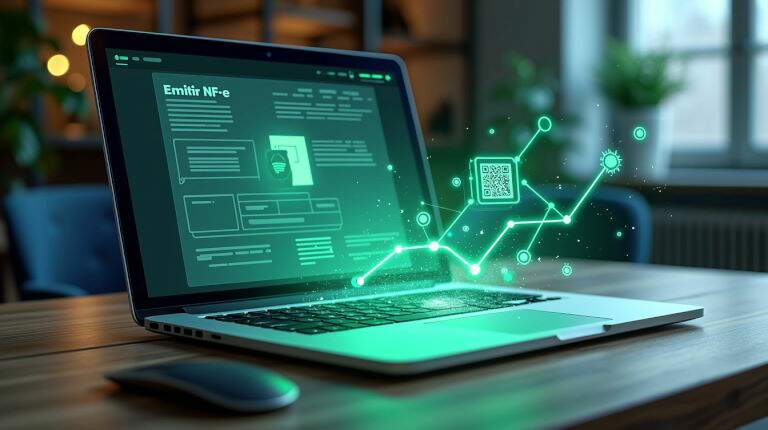 Como emitir nota fiscal automaticamente: sistema com notebook exibindo interface para emissão de NF-e, fluxo de dados formando nota fiscal eletrônica em escritório moderno