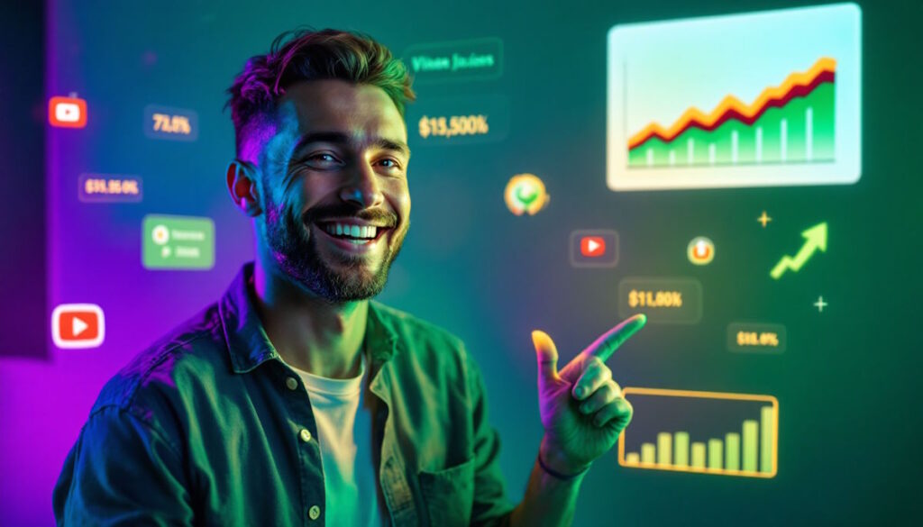 Imagem ilustrativa de como funciona o Adsense do Youtube, mostrando um criador de conteúdo sorrindo ao lado de um vídeo com anúncio, ícones de visualizações e gráficos de ganhos.