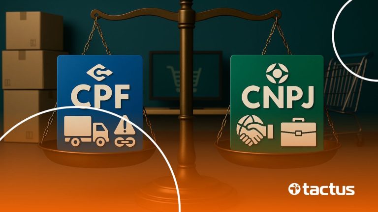 Balança representando a escolha entre vender no Mercado Livre usando CPF ou CNPJ, com ícones de logística e e-commerce ao fundo.