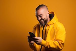 Jovem de agasalho amarelo sorrindo e olhando para o celular, para simbolizar como vender como afiliado no Mercado Livre