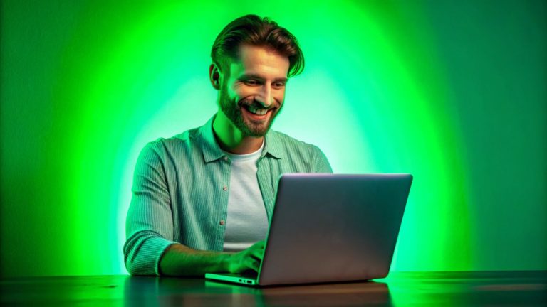 Homem sorrindo olhando para o computador com fundo verde atrás, cor da Kiwify, para simular como vender na Kiwify