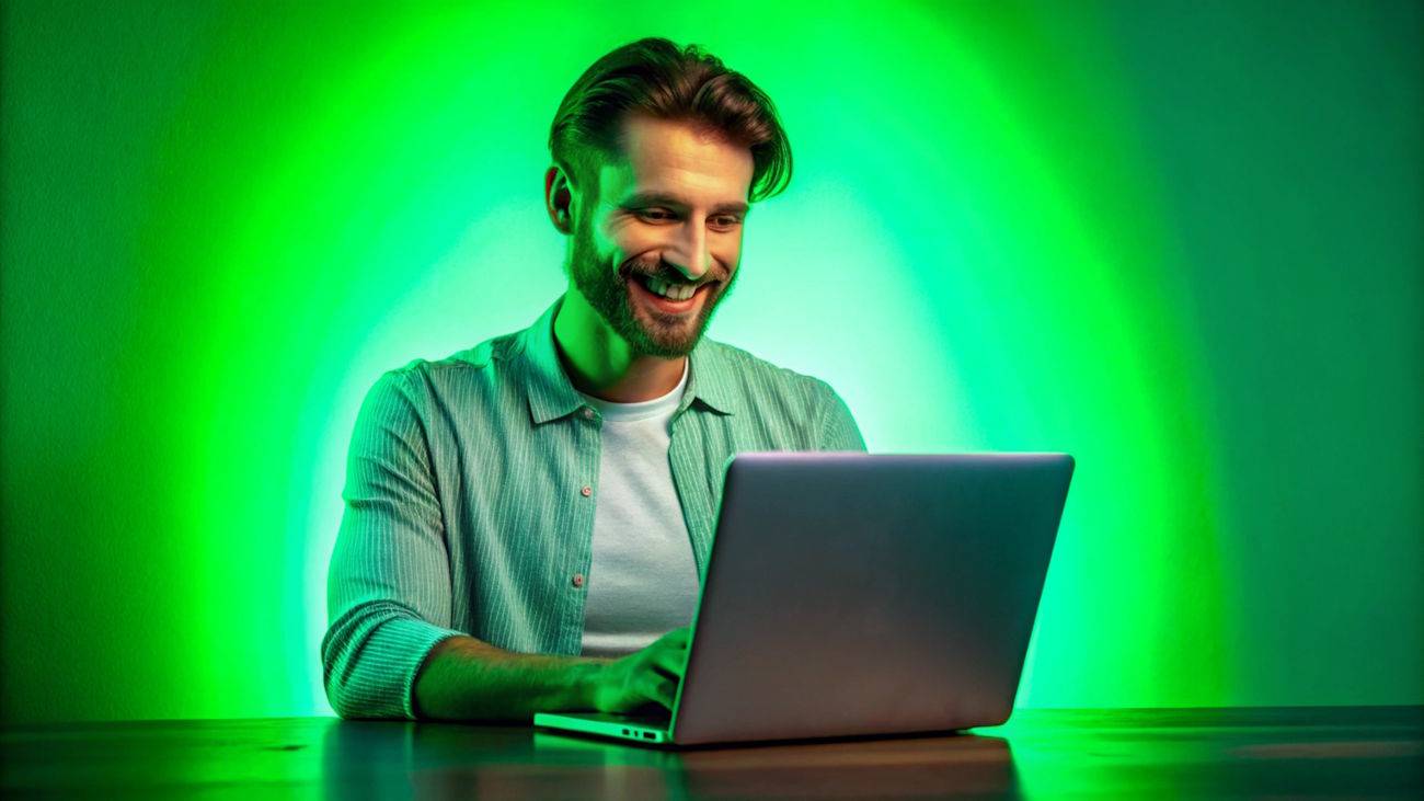 Homem sorrindo olhando para o computador com fundo verde atrás, cor da Kiwify, para simular como vender na Kiwify