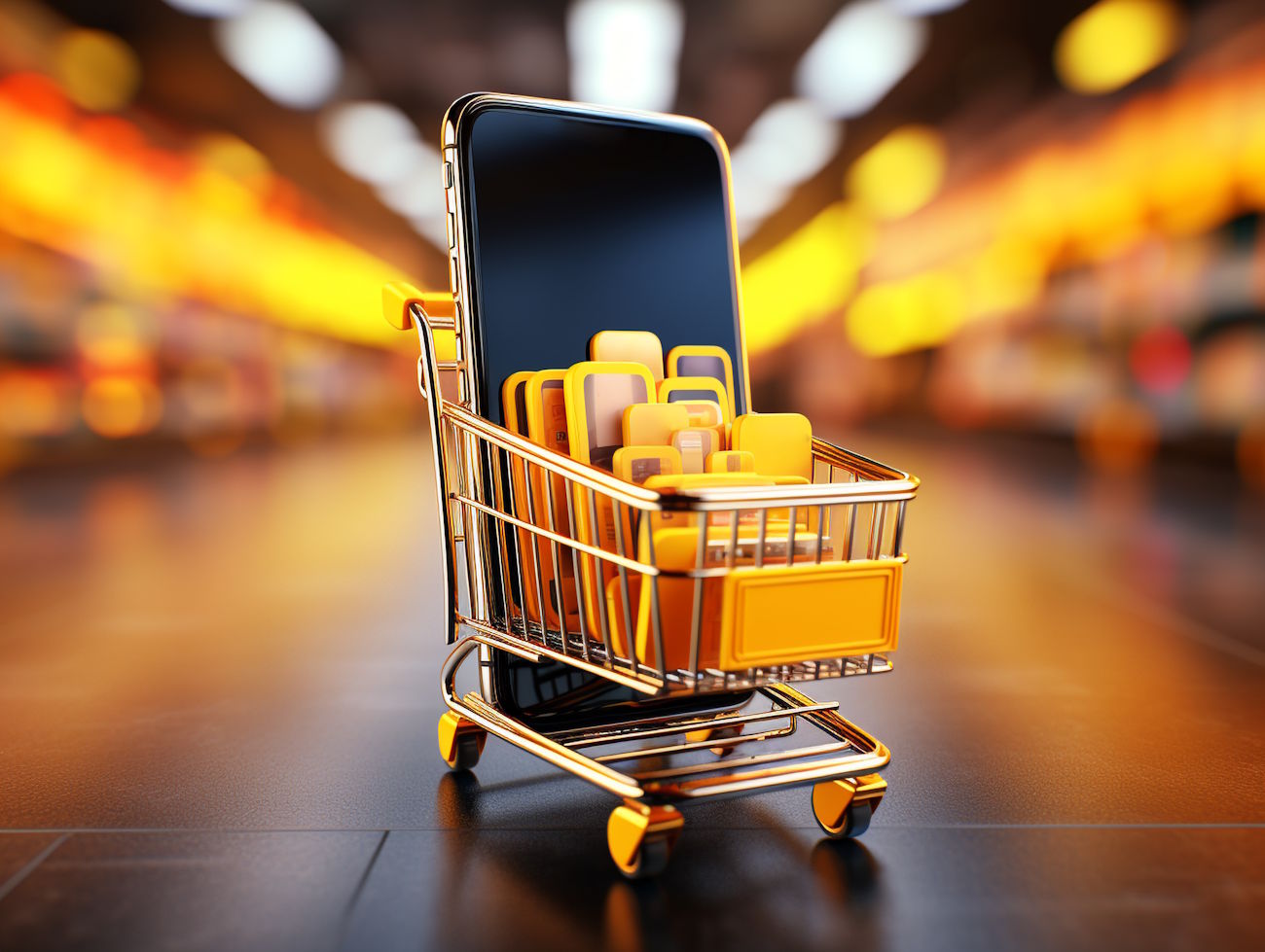 Cartoon feito por IA, com carrinho de compras repleto de produtos na cor amarela, para representar como abrir uma loja no Mercado Livre