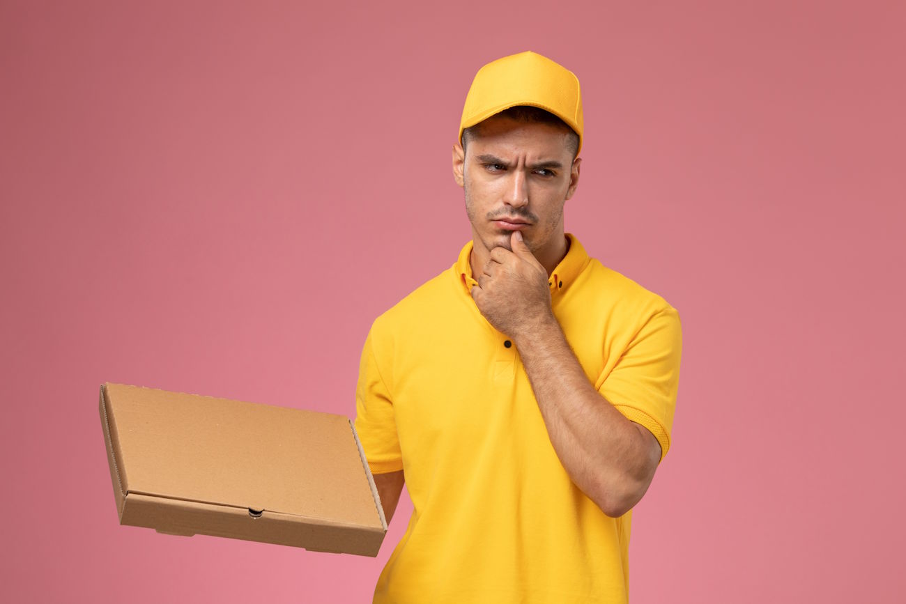 Imagem mostra entregador de camiseta e boné amarelo pensativo, para ilustrar se para ser entregador do Mercado Livre precisa de MEI