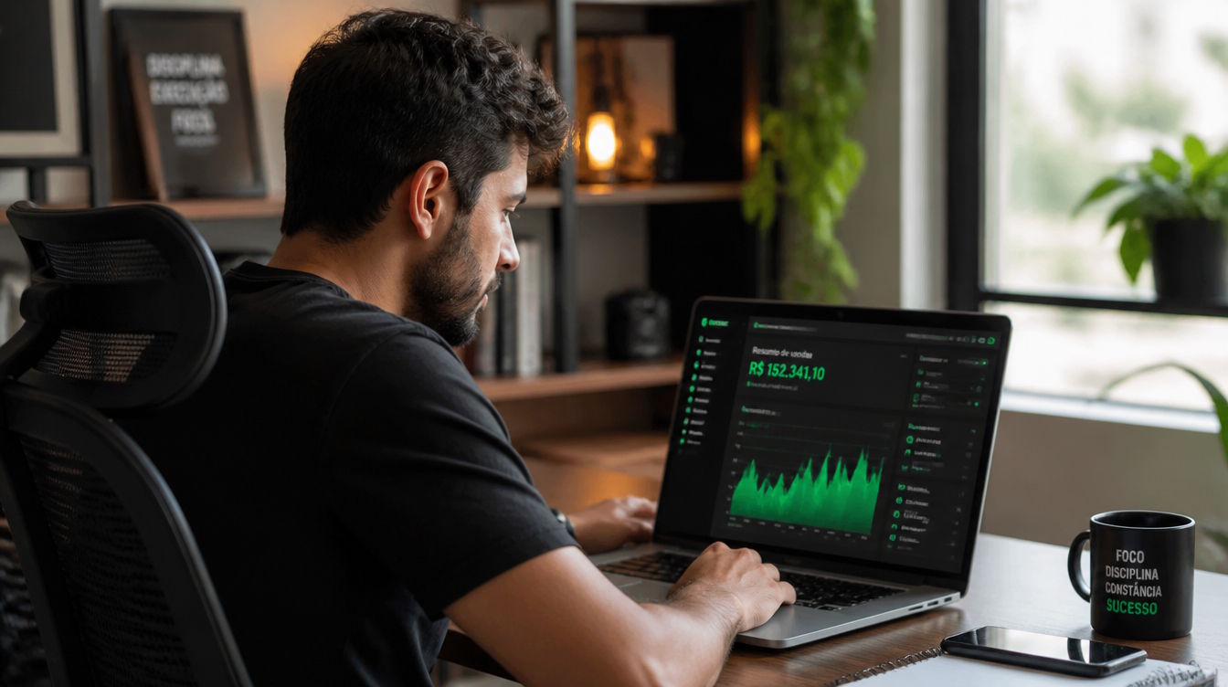 Infoprodutor jovem mexendo no notebook com gráficos em verde, para ilustrar como abrir CNPP para vender na Kiwify