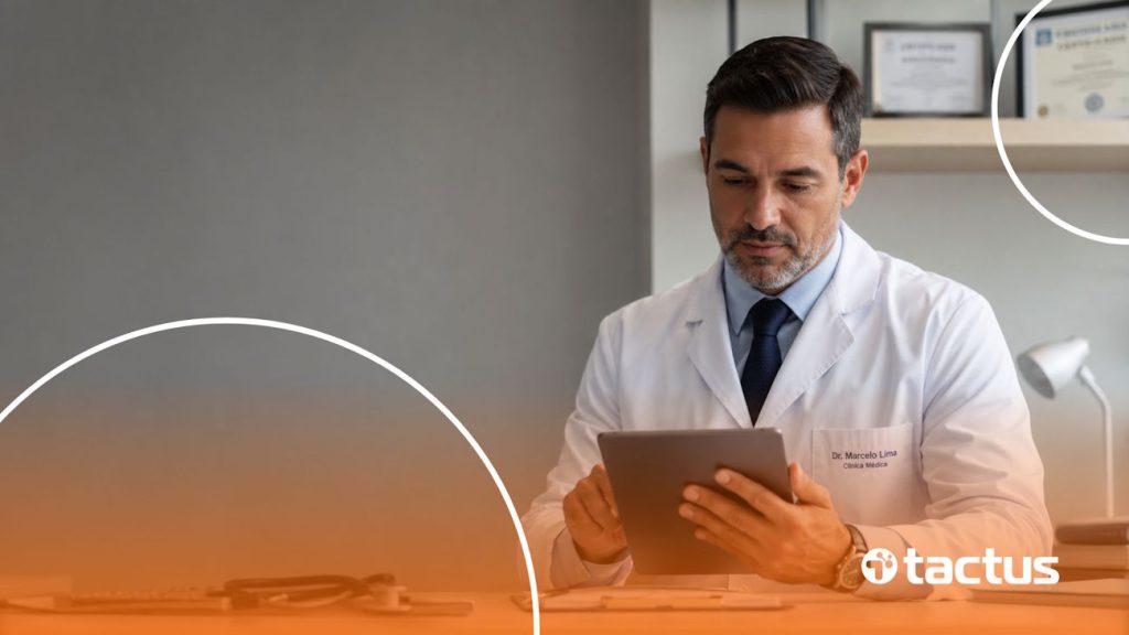 Imagem mostra médico de meia idade em seu consultório mexendo no tablet, como se pesquisasse os impostos para médicos da sua clínica