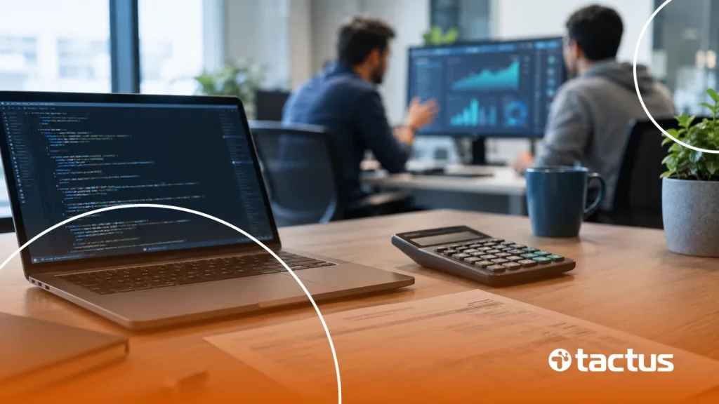 Escritório de empresa de software com notebook exibindo código, calculadora e nota fiscal sobre a mesa, enquanto dois desenvolvedores analisam gráficos ao fundo, representando a reforma tributária para serviços de tecnologia.