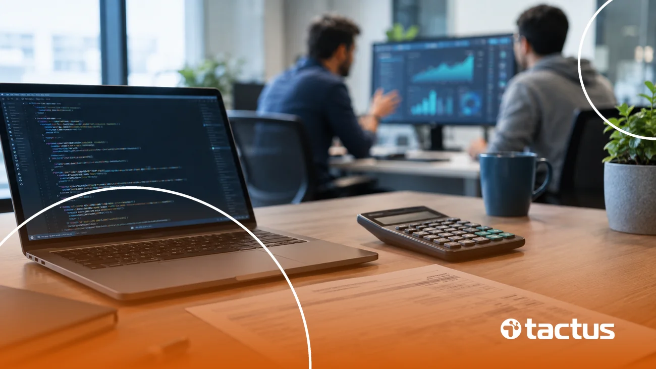 Escritório de empresa de software com notebook exibindo código, calculadora e nota fiscal sobre a mesa, enquanto dois desenvolvedores analisam gráficos ao fundo, representando a reforma tributária para serviços de tecnologia.